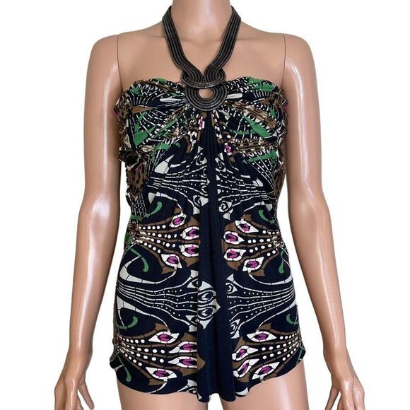 Made in USA top blouse black and chain detail halter style black printed stretch - Picture 2 of 9